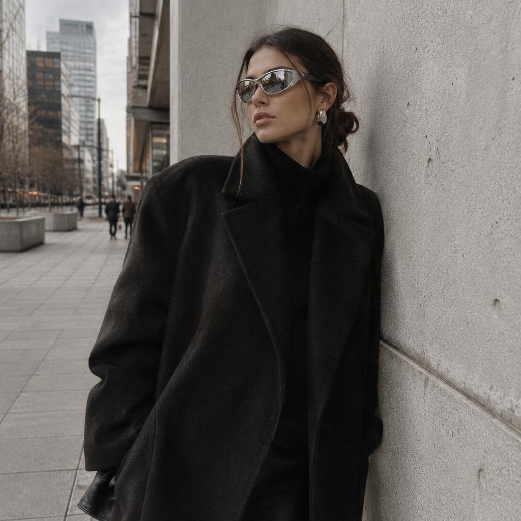 Street style in an oversized black coat